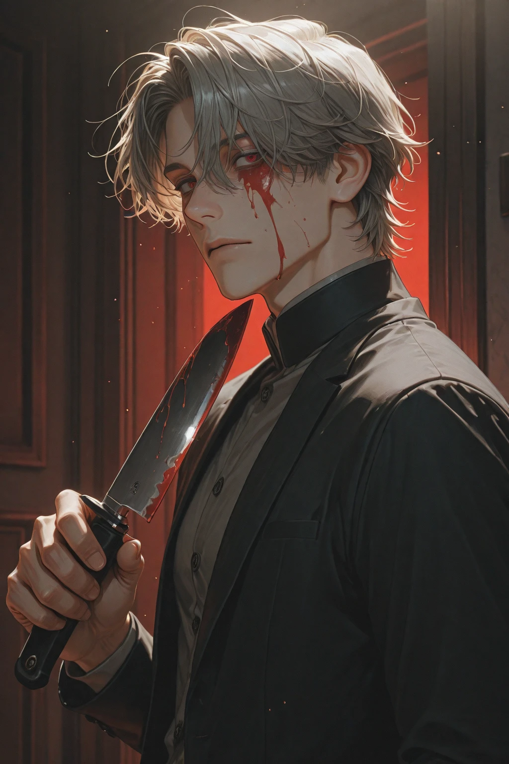 bleak image of a Soul Reaper Soldier getting showered in blood. Surrounded by blood