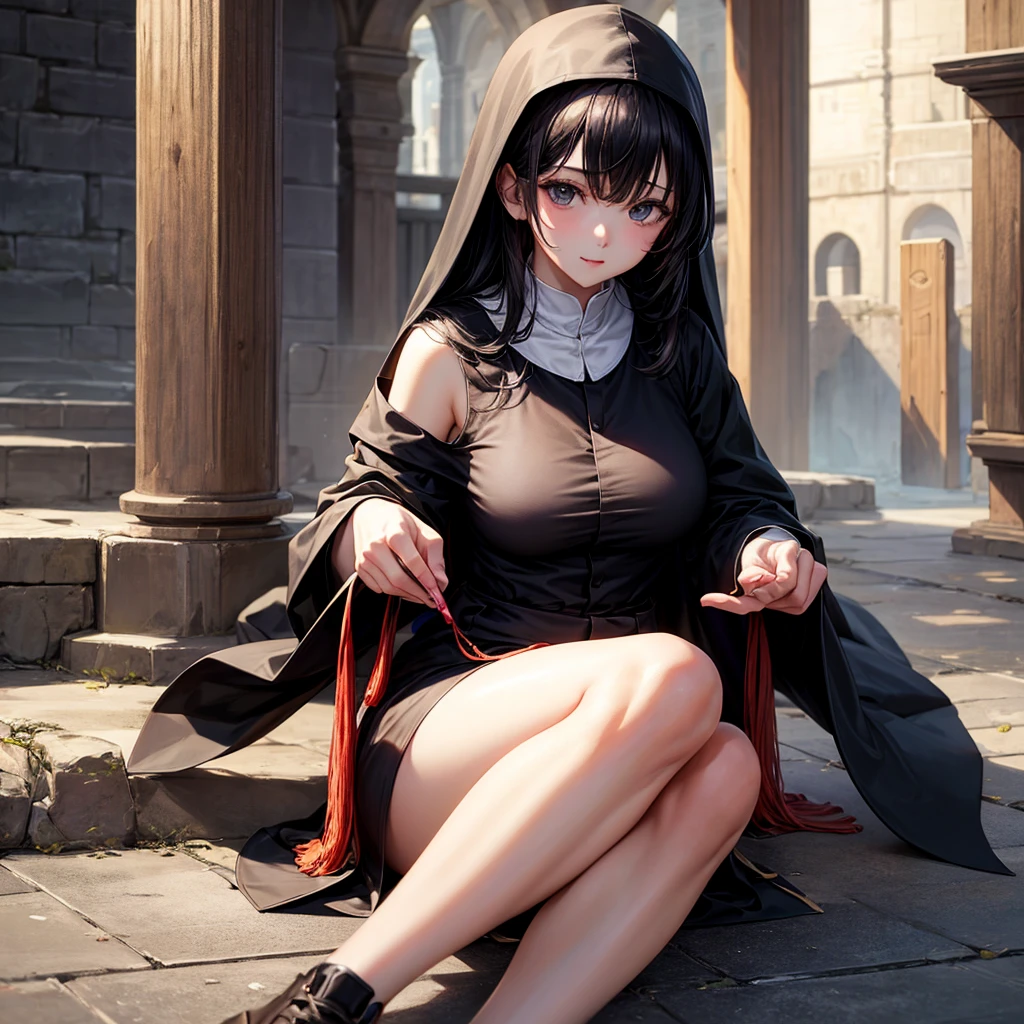 A stunning 8K digital artwork portraying a young Japanese manga girl in her twenties, embodying the essence of anguish and submission. She is depicted with intricate details, her torn clothes and black jilbab contrasting against her delicate features. Her hands are bound by heavy chains, forcing her into a position of vulnerability as she kneels on the unforgiving cobblestone ground in a traditional seiza stance. The agony in her expression is palpable, radiating defeat and helplessness. Surrounding her are onlookers, their gazes a mix of curiosity and indifference, adding to the overwhelming atmosphere of oppression and captivity. This powerful image is a striking interpretation of the intersecting themes of struggle and resilience in the world of manga art.