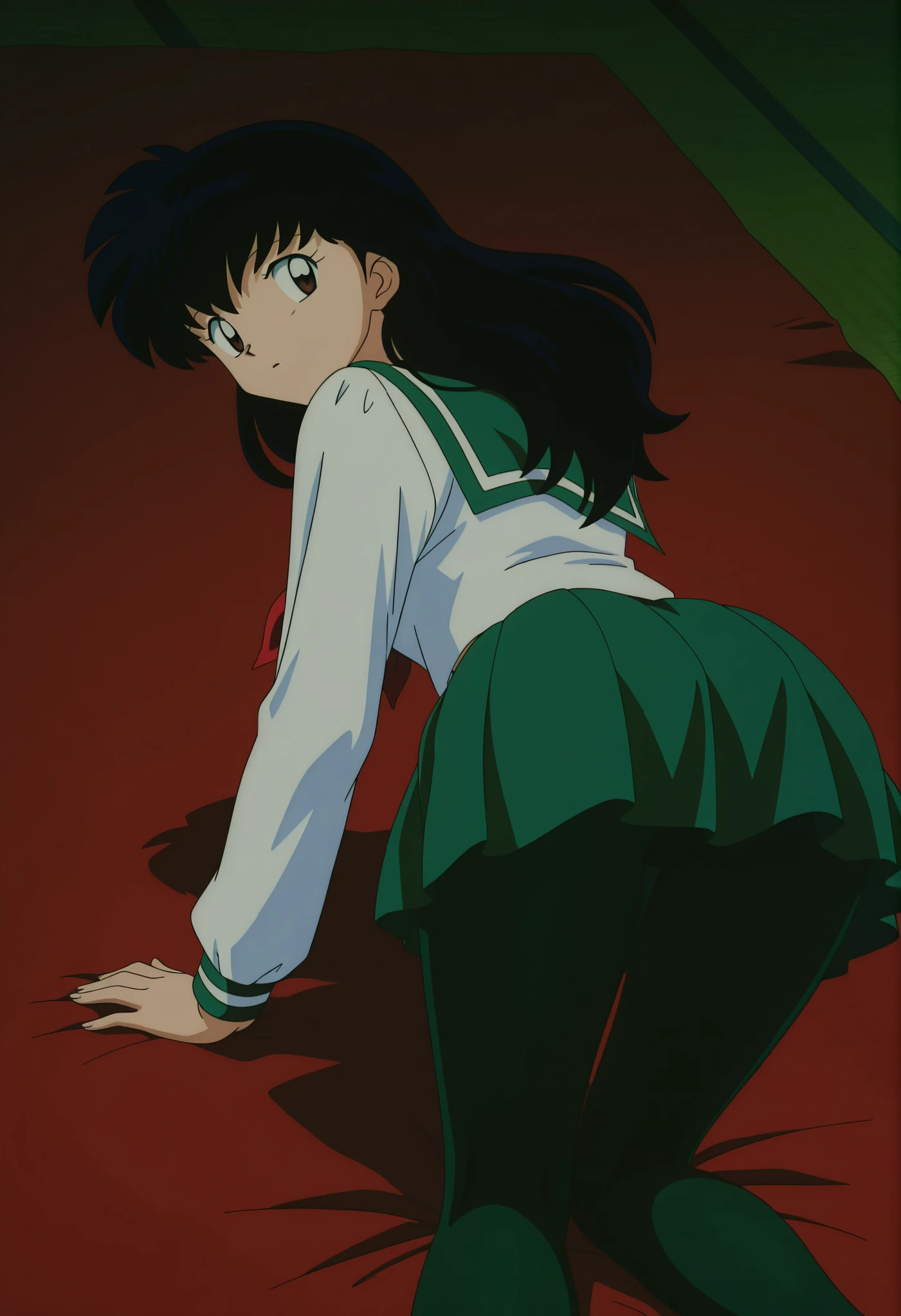 official style,Higurashi kagome (2000s anime analog),retro artstyle,, black hair , brown eyes , uniform , long sleeve , green tights Spandex , green skirt , red neckerchief,solo, soft thighs , on all fours , from back ,