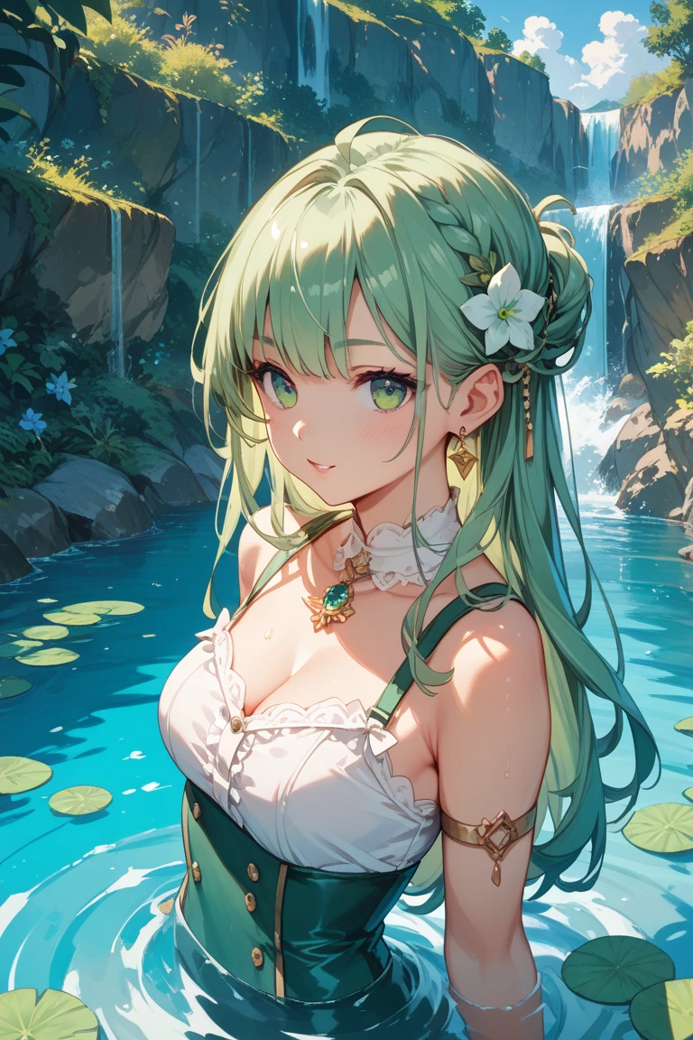 Kuki Shinobu Genshin Impact, Whole body, (NSTDA.:1.2), (10, beste-Qualit, master-piece: 1.4), ultra-high resolution, (lifelike, photorealistic portrait: 1.48), 20 age, Cute Girl, Nude, Famous Japanese actors, gigantic breasts, Blue Eyes, Head tilt, cowboy shot, from the side, looking at the audience, expressionless, Beautiful lake, Zeiss 150mm F/ 2.8 Hasselblad, In Japanese shrines, Whole body, foot, Ultra-Wide Angle