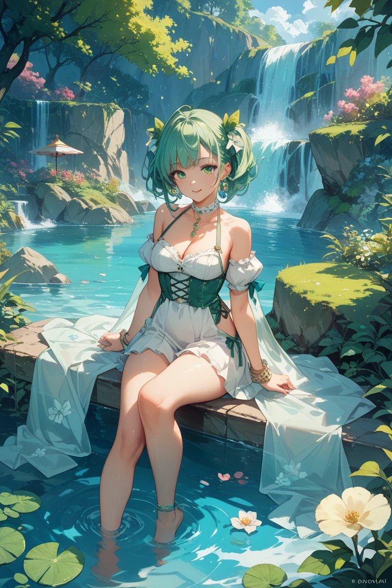A girl, ((onion style onion)), ((onion hair)), green eyes, white dress, ((dress onion features)), short hair, serious face, full body, sexy, big thighs, big tits