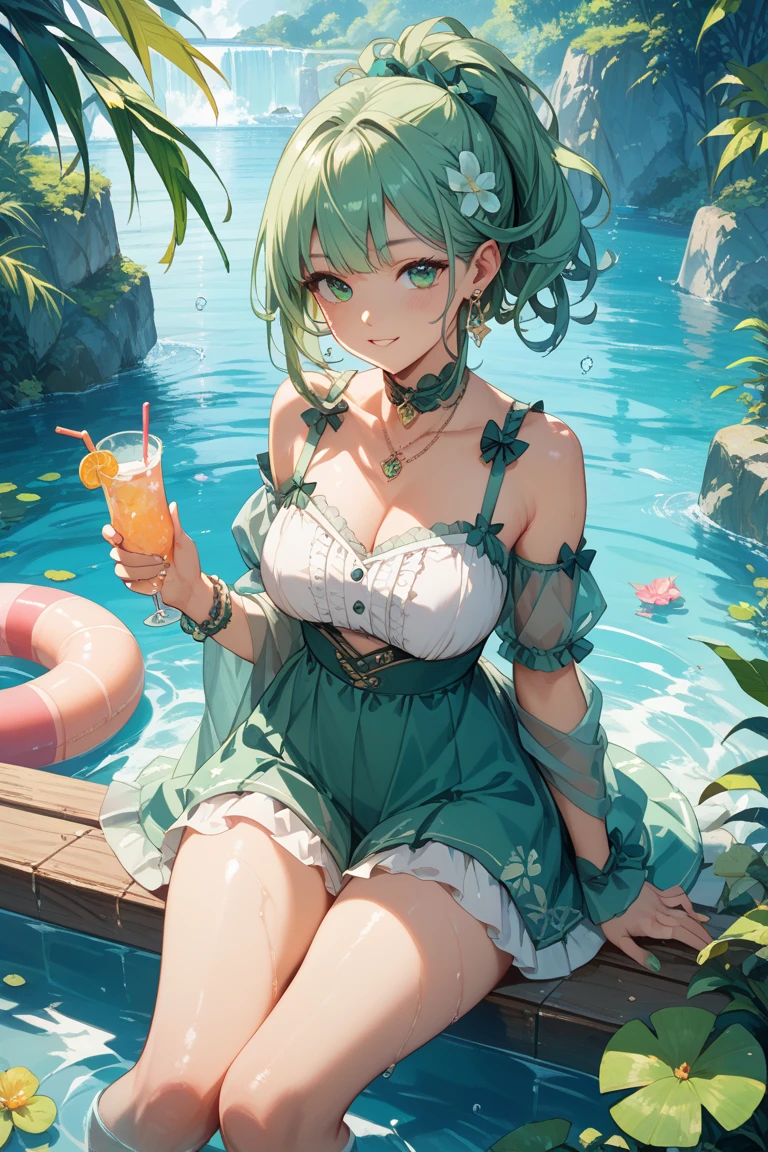 ((Highest quality)), ((masterpiece)), (detailed), 1 Green Haired Witch, sexy,Beautiful pond in the forest,,Stylish bikini,The background is the sea and the starry sky.,innertube,Seductive pose, dynamic poze, frogs eye view, Hair tied up