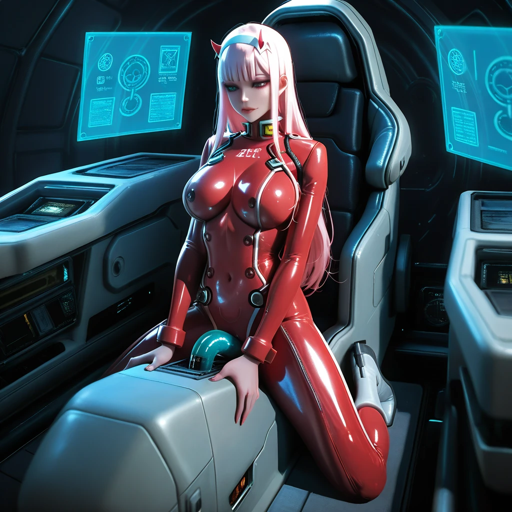 best quality, masterpice, 8k RAW, sitting, open legs,  <lora:zero_two_(darling_in_the_franxx)_v1:0.8> , bbzero2, long hair, horns, hairband, red bodysuit,  <lora:Bodysuit v13:0.9>, perfect fingers, perfect hands, good fingertips, smile, evil grin,