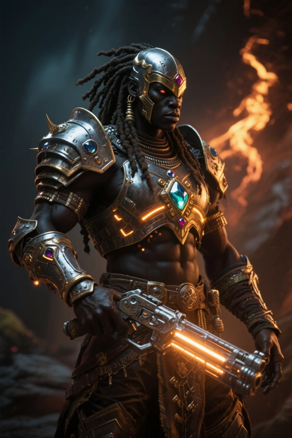 Escuro_fantasia, Cyberpunk, black man, brown skin, nu dreds hairPolice Chief, barba curta branca, mechanical marvel, rosto velho, homem quarenta anos, robotic presence, cybernetic guardian, wearing a white mechanical medical suit, intrincado, (steel metal [enferrujado]), elegante, Foco claro, Gothic colors, obra-prima, ((rua)), dinamic pose, wielding a sword in his left hand, Medicine symbol on uniform, dark light, horse mounted