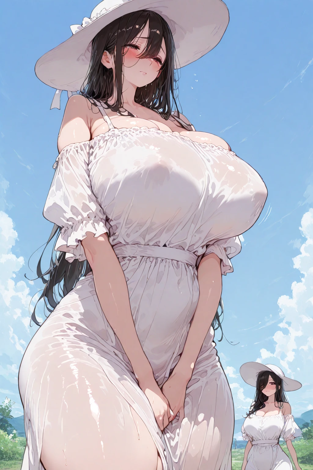 an anime style painting of a woman with very large breasts holding baskets, 1girl, breasts, solo, flower, black hair, underwear, blue eyes, outdoors, hair ornament, long hair, bra, looking at viewer, huge breasts, gigantic breasts, bangs, cleavage, jewelry, shiny, earrings