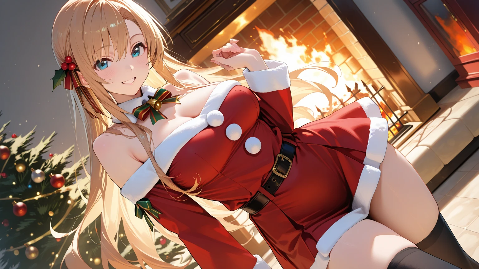 top-quality、Top image quality、​masterpiece、teens girl((red bikini santa、18year old、teen ager、Best Bust、big bast,Beautiful light blue eyes、Breasts wide open, a blond、A slender,Large valleys、dye one's cheeks red、Reflecting the whole body、Laugh、dance、red cloak)),hiquality、Beautiful Art、Background with((My room at night、Christmas Wind、Stove、Red carpet on the floor、fireplace、Christmas tree、Red bed、Kotatsu)))、masutepiece、depth of fields,