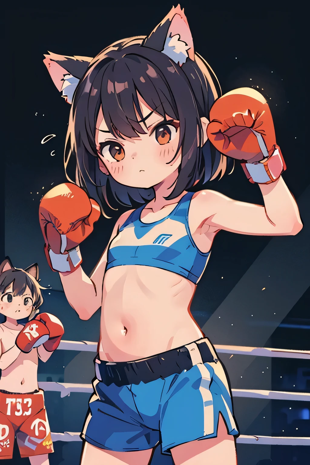 (boxing:1.3)、(Elementary school girl:1.1)、belly button、cool、Shorts、Twin tails、Serious expression、strong、(Closed Mouth:1.1)