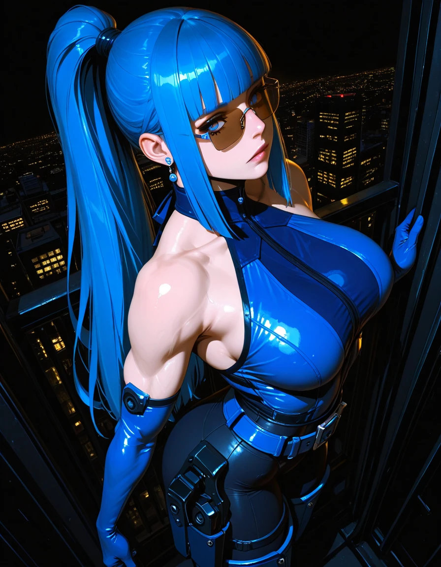 young woman, Dark blue hair, Red eyes, Goth Girl, Wearing a black Venetian, Mecha Girl, Robot Girl, Floating in the air, Robot Woman, Metals in the body, Black iron, In a cyberpunk city, 4K, masterpiece, High resolution, Anime 2D
