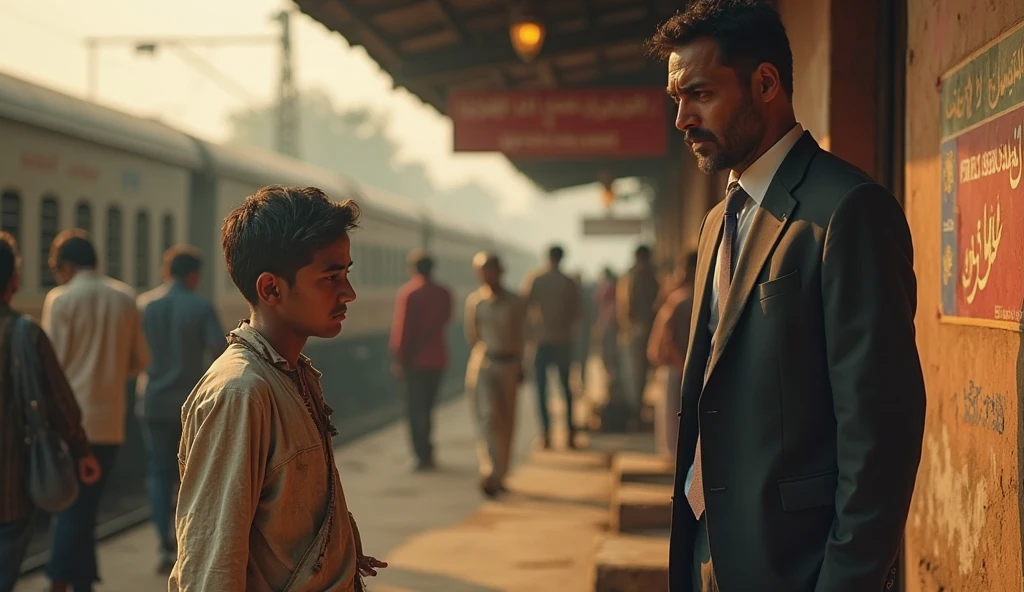 A poor boy looking at Rich man with the hope of help. But the carless rich man avoids eye contact with the boy. Rich man is insensitive and careless. Rich man says a big No by showing his hand. refuse to help.  turns his face back. Indian. 