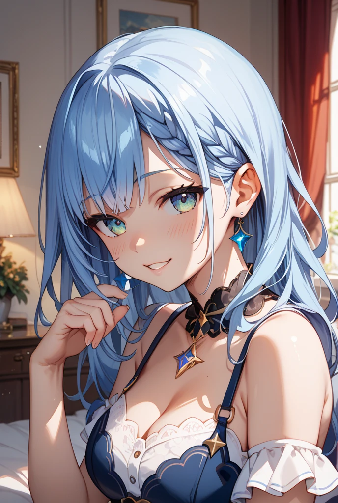 Ayaka, Blue long hair, Pretty Face,Smile,Close to hip, Giant breasts, Sitting on the bed, 裸, (open mouth:0.4),illustration,Detailed texture(Realist),Extremely detailed,Portrait Style,Bright colors,Soft lighting, blush, Mature, No, Flying hair, Breast tenderness