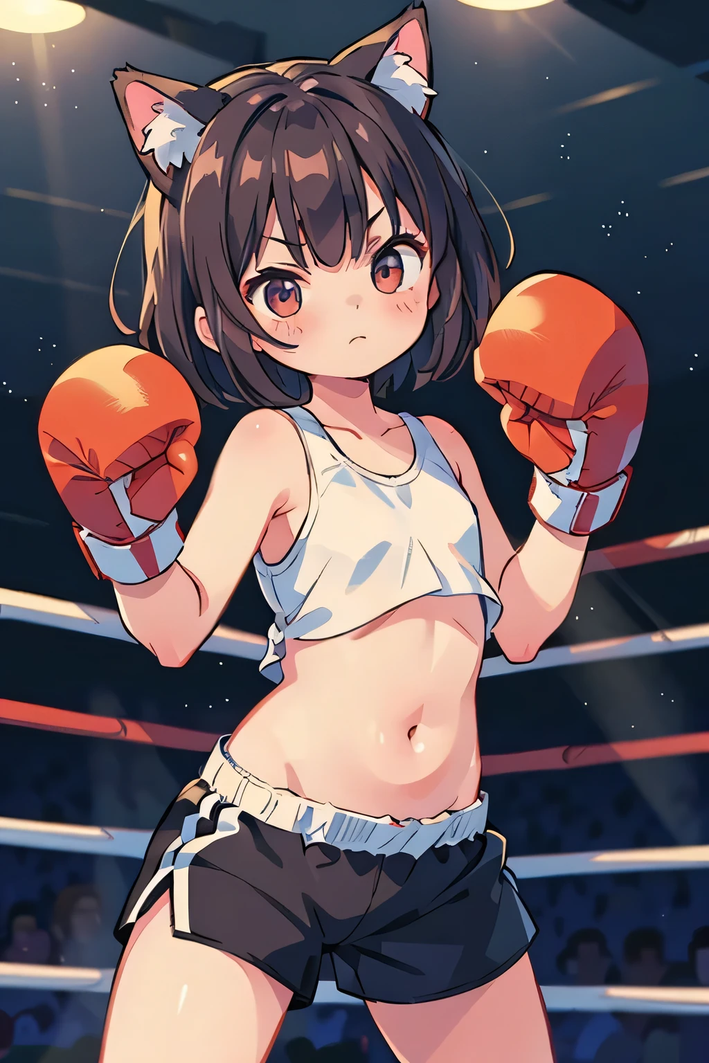 (boxing:1.1)、Teenage Girls、Young、、belly button、stomach、cool、Shorts、boxingグローブ、(boxingウェア:1.3)、Serious expression、(Closed Mouth:1.1)、Brown Hair、gossiper、Rabbit's Tail