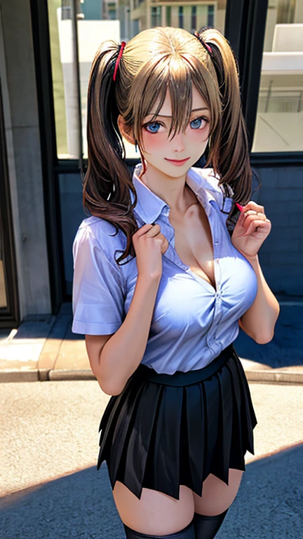 Very cute and beautiful girl、(Very detailedな美しい顔と目: 1.2)、(smile)、blush、Cowboy Shots、(White blouse with detailed ruffles)、Long Sleeve BREAK Standing、(Skirt lifted、White panties:1.5)、Dynamic Angle、Hair Ribbon、Black Hair、(Scarlet plaid mini skirt) 、Big city streets、break、Between buildings、crowd、(highest quality、masterpiece:1.2)、Disorganized、High resolution、Super detailed、Very detailed、32k、8k resolution、Intricate detailovie scenes、Detailed Background、solo、Dynamic Angle、