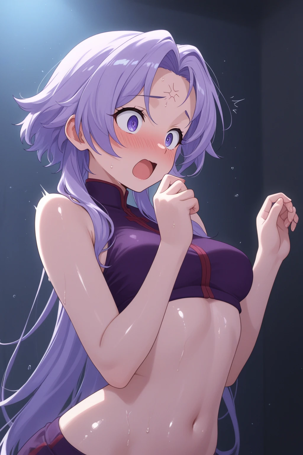 1girl, solo, detailed face, SuiseiSummer, side ponytail, sports bra,leggings,nsfw,indoor,sweating,thighhighs,wariza,'(((nsfw,trembling))),