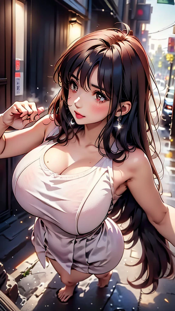 8k, masterpiece, RAW photo, highest quality, realistic, Highly detailed CG Unity 8k wallpaper, Depth of the bounds written, cinematic light, Lens flare, ray tracing, silk and lace short nightgown (very beautiful face, beautiful lips, beautiful eyes), face with intricate details, ((highly detailed skin)) 1 girl, whole body, medium chest, in the dark, deep shadow, cute korean girl, K-POPアイドル,(Very slim and slender fit muscular body), ((looking at the viewer)),(big smile), (fashion city night, (neon sign), (blurred background), midnight, (Vacant cities), (with no people in the background), cute korean girl, white diamond earrings, diameter bracelet, diamond necklace, clear eyes, walk , front shot, (white skin), look forward, (Big eyes), ((whole bodyショット)), (In underwear), ((thin fabric panties)), (camel toe, shape), ((thin fabric bra)), (ponytail), ((standing pose)) ((one finger pointing forward)),perfect anatomy