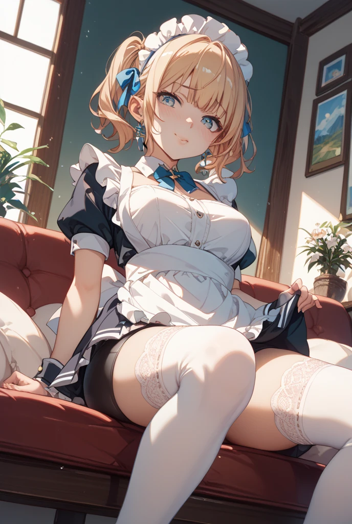 score_9, score_8_up, score_7_up,source_anime, high res image,ultra-detailed,8K,illustration,CG,cute girl,ultra-detailed face,shiny hair,clear skin, eyelashes ,maid,<lora:sanakuzuwari_pony_V1.0:1.2> sankakuzuwari, sitting,hug own knees