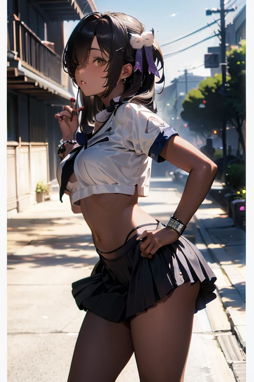 masterpiece、high resolution、high quality、Oval Face、Vulgarity、(sound, Safety Sensors), Jeroenaga, Dark Skin, Woman with dark skin, Side Ponytail, hair ornaments, Hair Clip, White shirt, Bra visible through clothes, Chest pocket, Black choker, Blue tie, Purple scrunchie, bracelet, Blue Skirt, Thigh straps, Simple Background, whole body, Detailed Background, Background blur、Leaning forward, alone,(custom street、Red Light District):1.5