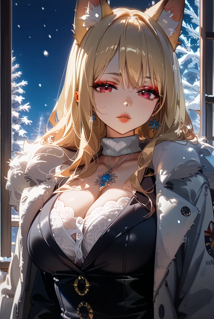 top-quality、Top image quality、​masterpiece、teens girl((Cute Santa Costumes、santa style short skirt、santa style tank top、sixteen years old、 Ager、Best Bust、big bast,wide open breasts、Beautiful light blue eyerest, a blond、A slender,Large valleys、Reflecting the whole body、Laugh、dye one's cheeks red、Red Body Paint、Red Face Paint、be shy、heart mark、face to viewer、Give the gift bag to the viewer、)),hiquality、Beautiful Art、Background with(( natta、snowflakes falling、Nice and clean room.、Christmas Party、Party Venue、Christmas Lights、Christmas tree、)))、masutepiece、depth of fields,