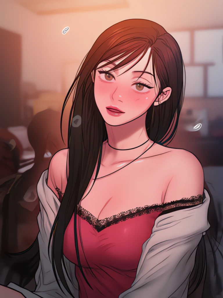 2d illustration, anime, a painting in fine arts, in manhwa style, (boa hancock), 1girl, brown hair, long hair, big hair, golden eyes, makeup, (red lips), beautiful, high definition, masterpiece, best quality, high detail, high detailed eyes, grain filter, Detailed lips, high resolution, ultra-detalhado, mulher caucasiana, realista proportions, Anatomicamente preciso, bochechas rosadas; intimate distance, dark lighting, alta qualidade, premiado, high resolution, 8k, dark atmosphere, ((sexy)), (black turtleneck)