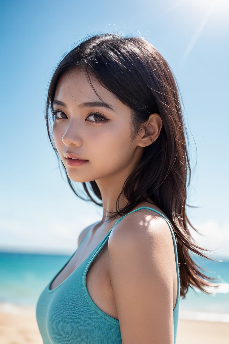 (in 8K、 Raw photography、top-quality,、hight resolution),、(hyper realisitic)、(realisitic),、Soft light、、girl with、Lifelike face、Realistic body、real looking skin、absurderes、masterpiece、Cuties、独奏、Innocent eyes、blusher、Cinema Lights、cherry colored lips、The hair 、a closeup、looking at viewert、 Open lips,、Upper teeth,、(Smiling eyes:0.6)、eyes focus、professionally lit、CG Social Trends、Plastic En、((Black Long Hair))、((Beautuful Women))、(A smile)、Fashionable、(A sexy)、Hair that flutters in the wind、((Flowing hair))、Happy -、fashion magazine、((lighting like a movie))、the woods、((blue-sky))、((playing in the water))、((wetting hair))、((Soaked))、Glitter、