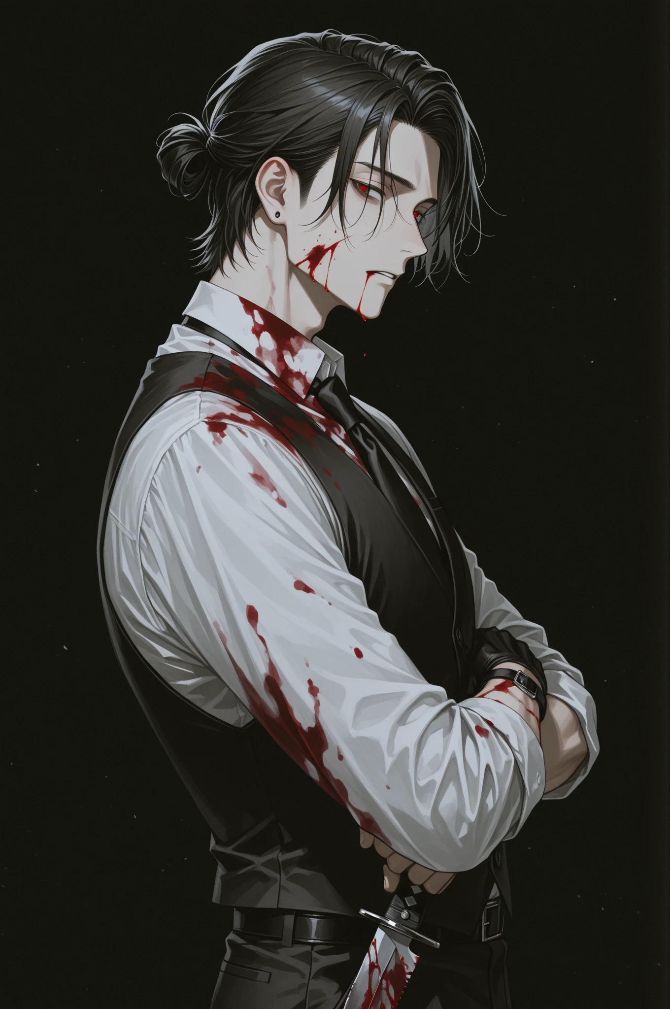 Young boy with handsome face, short red hair, Japanese haircut, gray eyes, long eyelashes, black collar, Japanese schoolboy outfit, behind broken glass, red liquid, sad expression, ultra-detailed, in shadow, scar, alone, demon shadow looming on wall, dark, horne, blood.