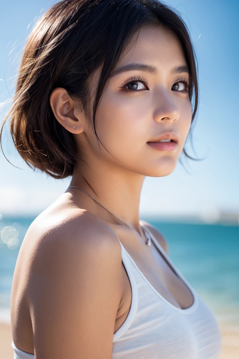 (masterpiece:1.3), (16k, photorealistic, RAW photo, best quality: 1.4),absurdres, attractive, ultra high resolution, ultra realistic, highly detailed, golden ratio, ultra detailed, super fucking beautiful detailed face, natural makeup, detailed cloth texture, detailed hair texture, beautiful detailed fullbody, Perfect female body, accurate, Anatomically correct, Highly detailed face and skin texture, (beautiful hands), (realistic skin), (beautiful pale skin:1.1), (well-aligned teeth:1.1), (beautiful large breasts, cleavage, upper breasts:1.3), (Perfect dynamic composition, looking at viewer), (Random and sexy poses:1.3),
BREAK,
realistic eyes, beautiful detailed eyes, symmetric eyes, Light Brown eyes, Double eyelids, Thin eyebrows, (Glossy lips:1.4), ((A face with waiting for a kiss:1.2)), (blush:1.1), (A sparkling small hair accessory:1.1), (beautiful smile:1.1), (sweat skin,blush:1.2),
BREAK,
((short hair, bob, Dark blonde hair, bangs:1.2)), (Beach, random sexy swimsuits:1.3)
