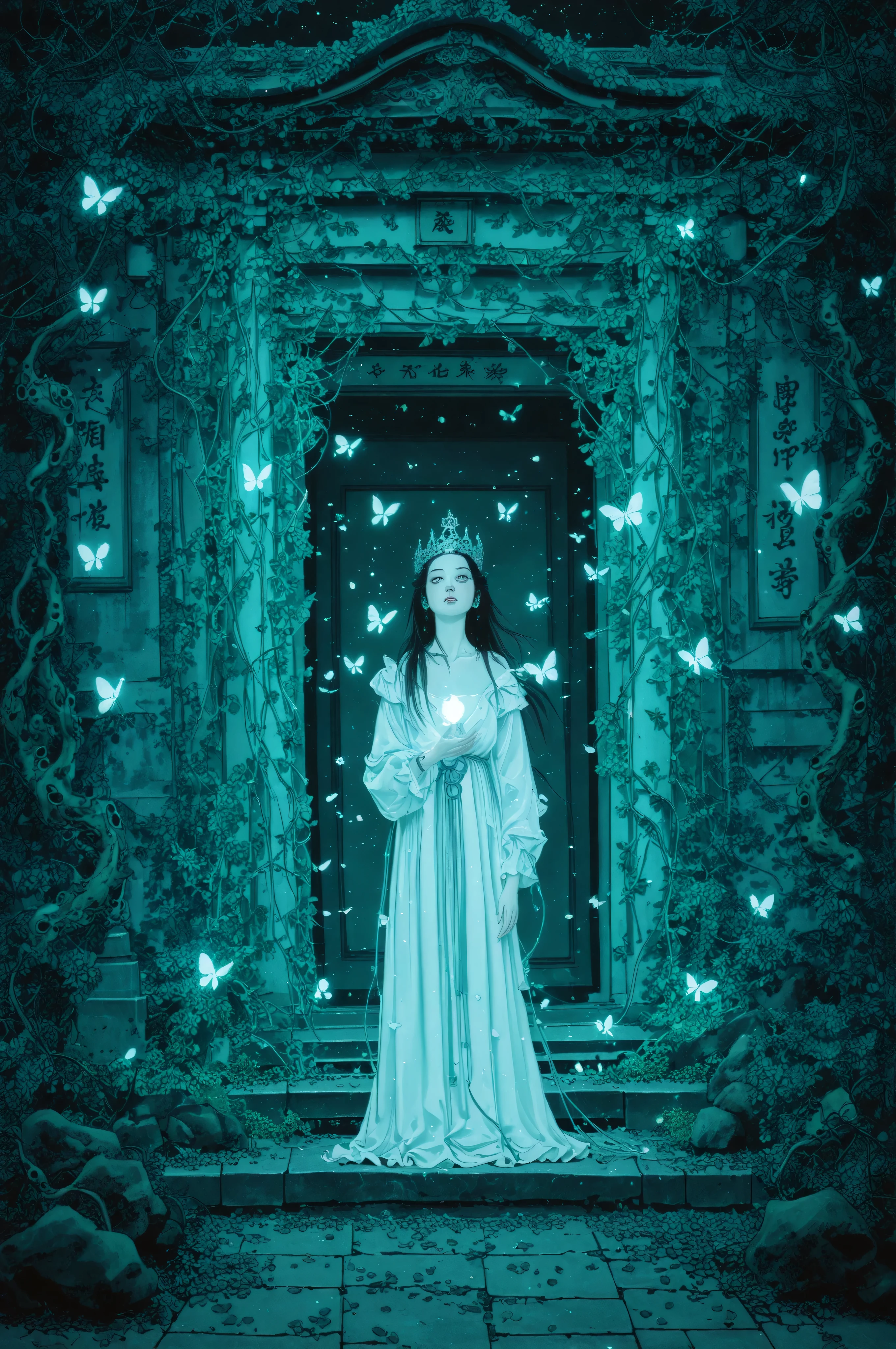 A futuristic shrine standing in a virtual garden,Wearing a dress woven from glowing vines and transparent petals,wearing a biomechanical crown,with digital runes floating around her face,Fluorescent butterflies and petals,The background is a dream space intertwined with stars and glowing plants,Beautiful fantasy style,Surreal illustration style
