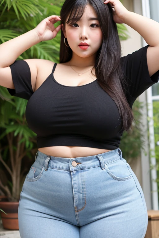 ((best quality)), ((masterpiece)), (detailed), perfect face, araffe woman in a dark-blue shirt and blue denim skirt walking down a street, thicc, she has a jiggly fat round belly, bbwchan, wearing tight simple clothes, skinny waist and thick hips, widest hips, her belly is fat and round, soft curvy shape, hyperrealistic full figure, wearing a cute top, wide hips, wearing 10 bracelet , wearing huge diamond necklace 