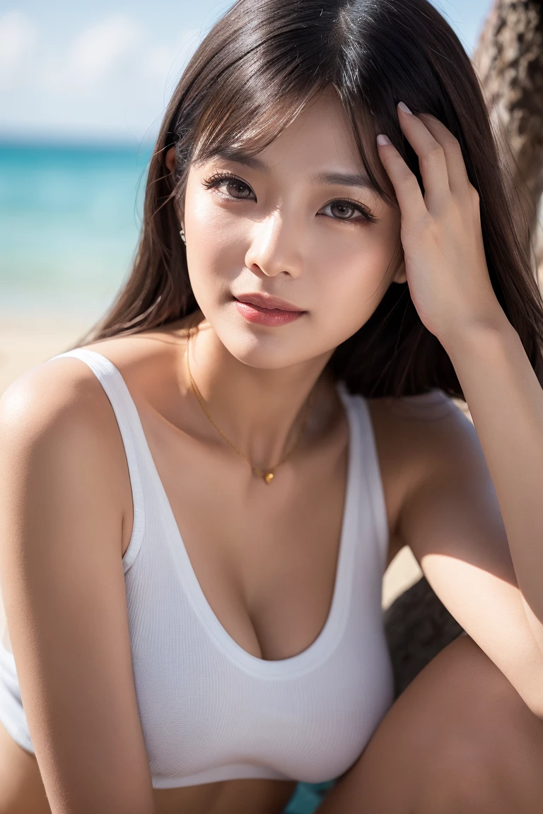 High details, 8k resolution, ultra-high resolution, best quality, lipstick, heart-shaped pupils, peerless beauty, loose straight black hair, smooth hair, collarbone, rich and beautiful makeup, exquisite and perfect facial features, big eyes, blushing, smiling, slightly plump, full-body shot, standing at the beach, distant view, beautiful details of the sky, beautiful scenery, dynamic angles, extreme quality, highest precision, precise and perfect human structure, real, ultra-realistic, cool feeling, shoulders exposed