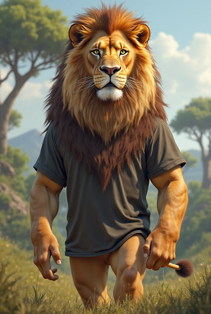 Lion, male, adult, long blond mane, big brown beard all over the jaw, very muscular body, large pectorals, big biceps, beautiful green eyes, detailed eyes, detailed face, archaeologist adventurer, tight-fitting archaeologist adventurer clothes , open shirt, visible pecs, smiling face, jungle background, seen all over the body (intricate, high detail, film photography, soft focus, RAW candid cinema, photorealism, realistic, photorealistic, analog style, subsurface scattering, masterpiece, best quality, ultra realistic, 8k)