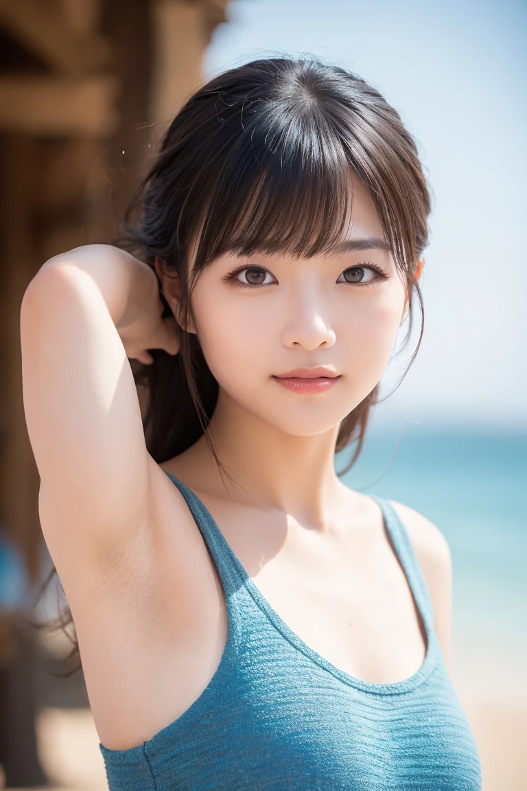 Young Japanese Woman, 16 years old, White Background, White brown hair, thin, 4K, In 8K, high quality, beauty, Beautiful Eyes, High resolution,1 person, Beautiful skins, String Bikini, cute、Long hair ponytail