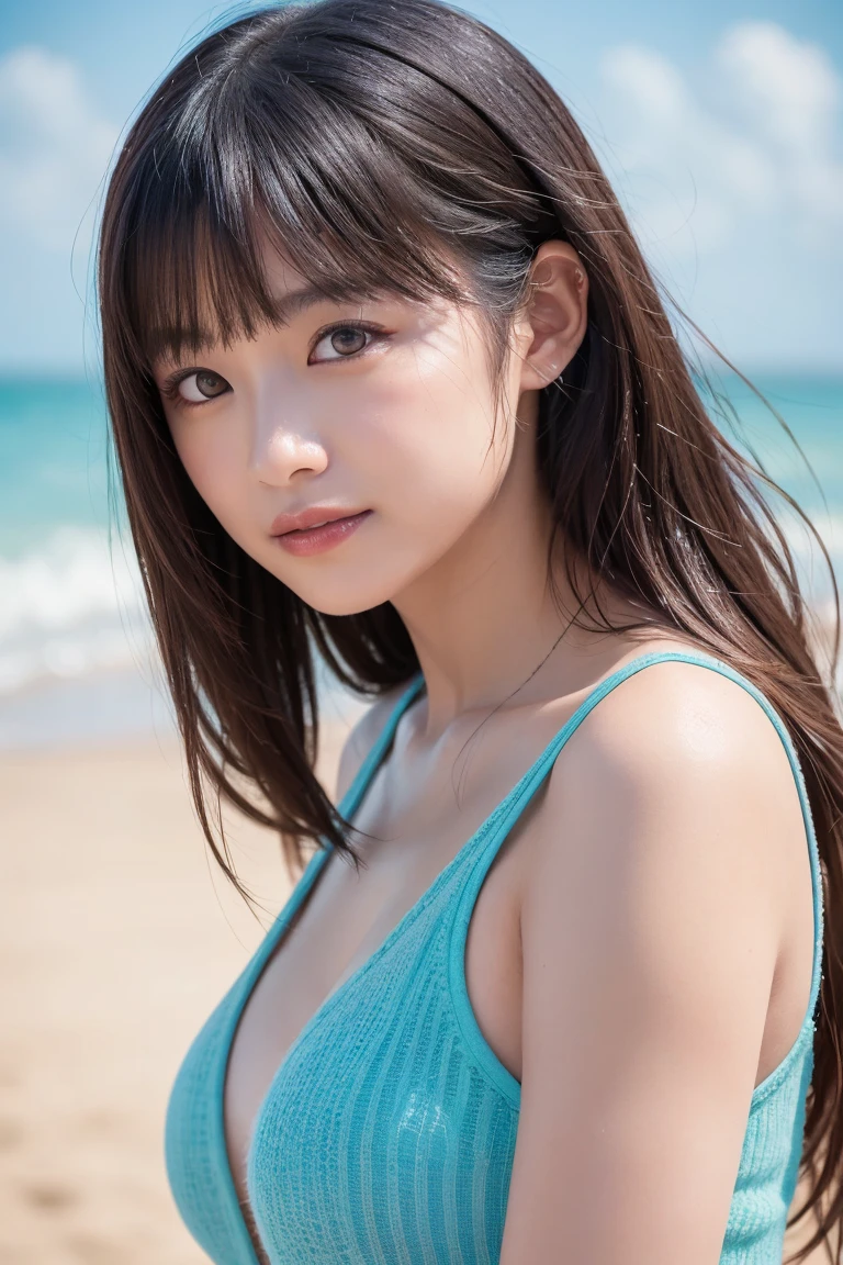 beautiful beach, beautiful japanese, 20 year old woman, Good styling, Are standing, sexy pose, Black swimsuit, sexy bikini, actress-like face, outdoor, proper lighting, Raw legs, Rounded face