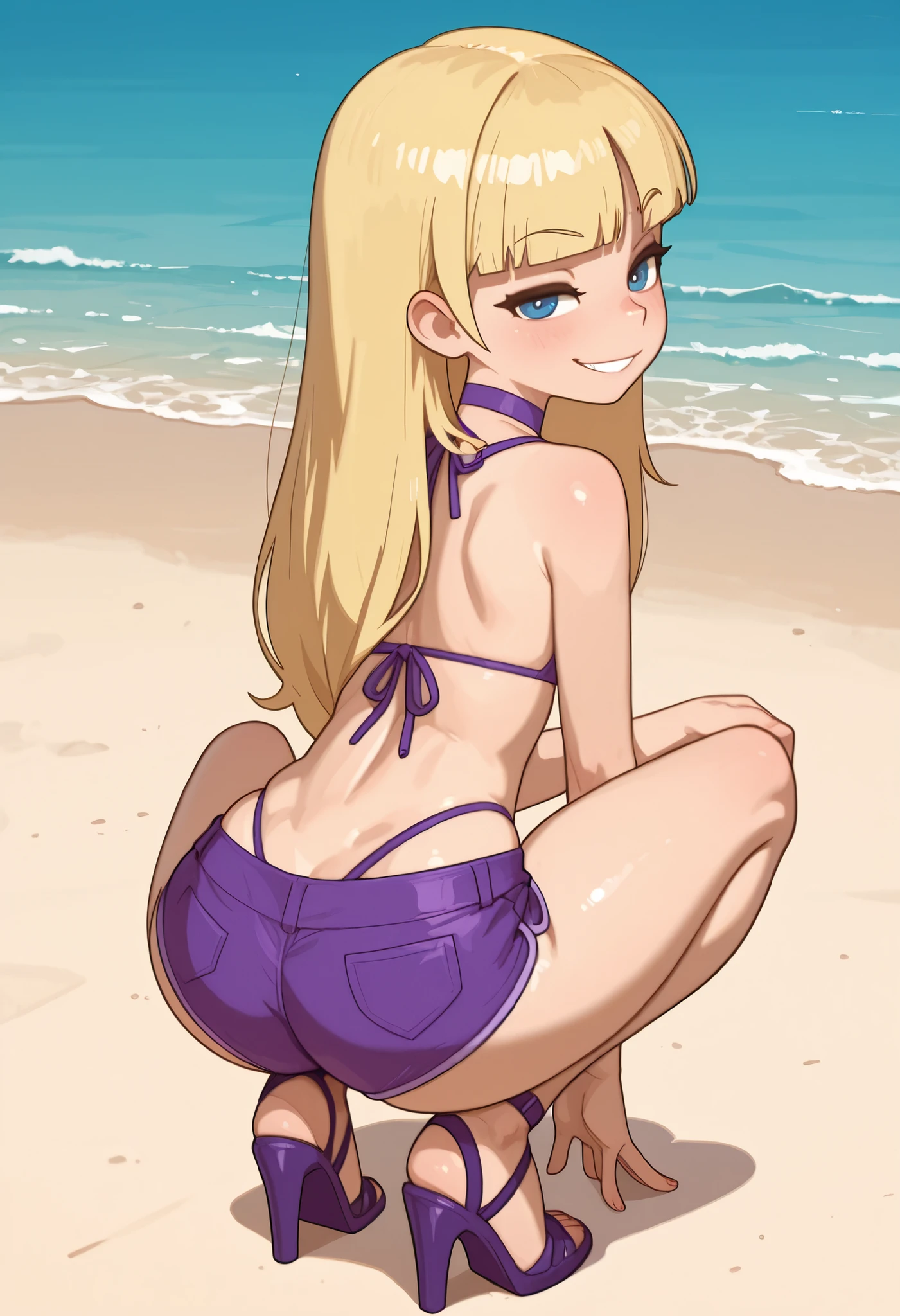1girl, sexy 11yearold blonde slut is wearing a micro bikini and is on all fours on a boardwalk. flat breasts. hands and knees. back view