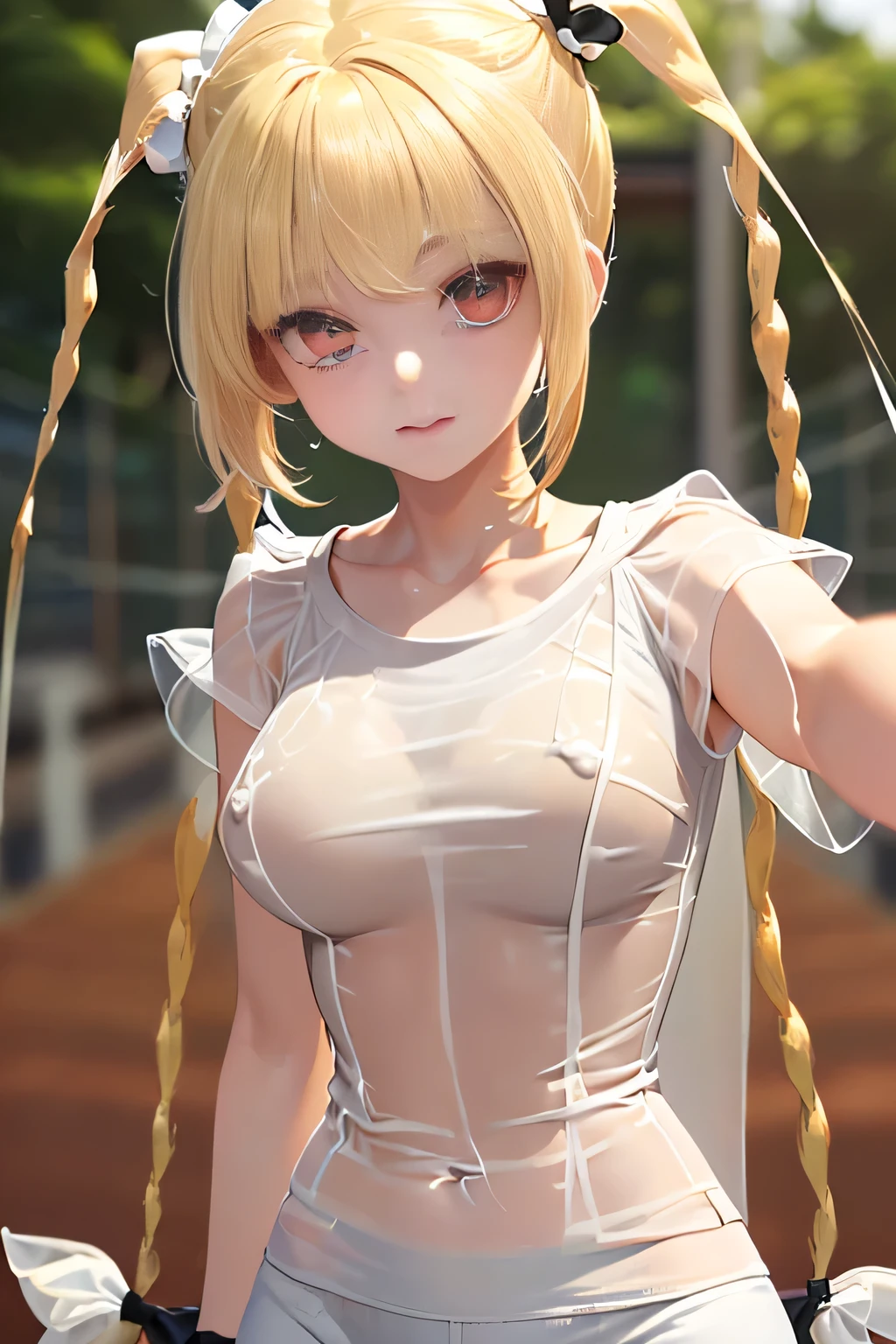 Optimal，masterpiece，High resolution，highest quality，Hyper HD，Very detailed，Award-winning，16k，alone，（Upper Body），Correct Anatomy，Beautiful Cyberpunk Girl，Upper Bodyの写真、Cute face，，blonde、Long Hair、Twin tails、Braid, Hairline，（（Scarlet Eyes）），Long eyelashes，Drooping eyelids，White skin，((Shoot from the front:1.5)), ((Tight white t-shirt:1.5)), Clock Top、See-through、rocket , (Large Breasts),