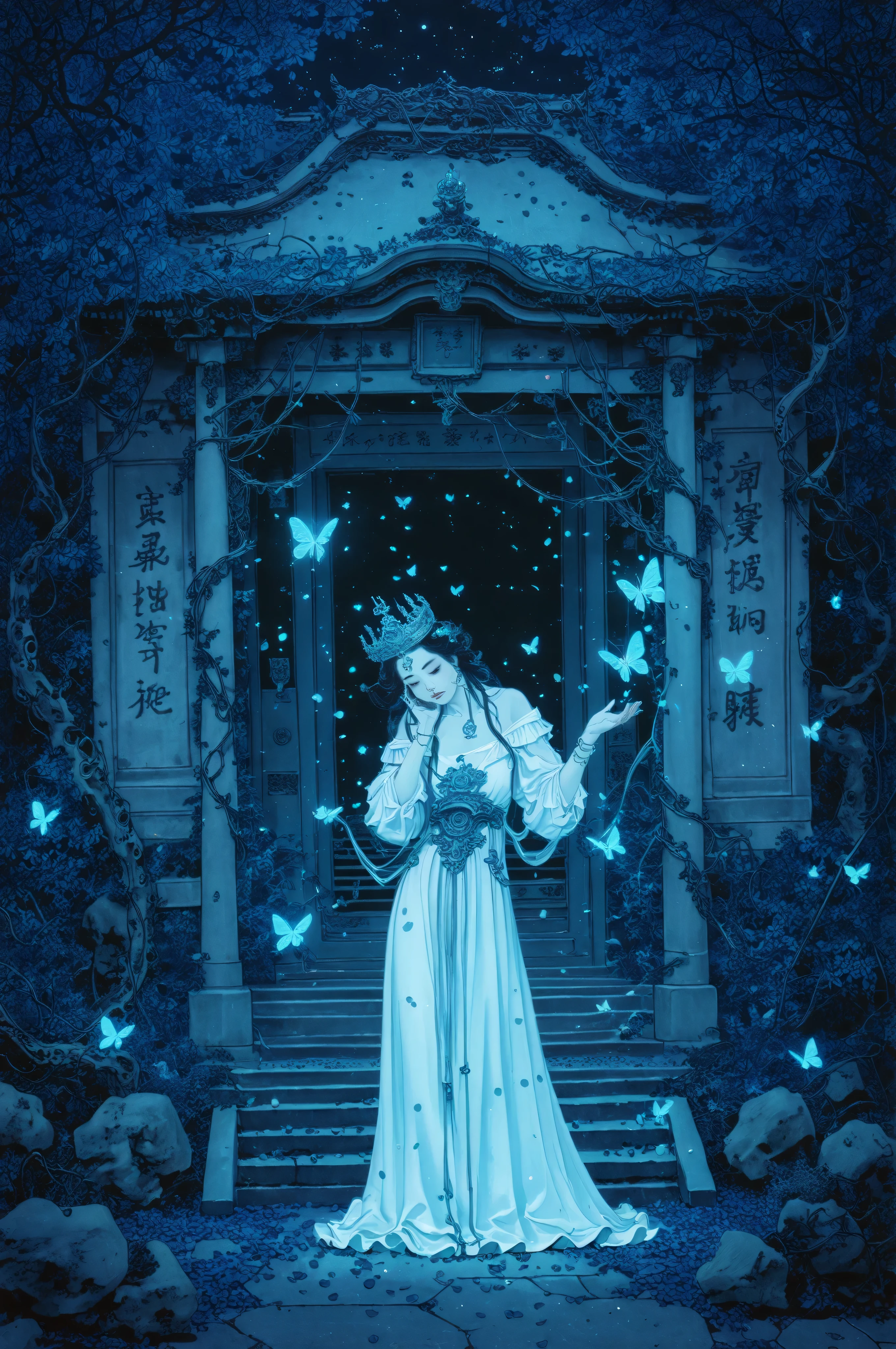 A futuristic shrine standing in a virtual garden,Wearing a dress woven from glowing vines and transparent petals,wearing a biomechanical crown,with digital runes floating around her face,Fluorescent butterflies and petals,The background is a dream space intertwined with stars and glowing plants,Beautiful fantasy style,Surreal illustration style