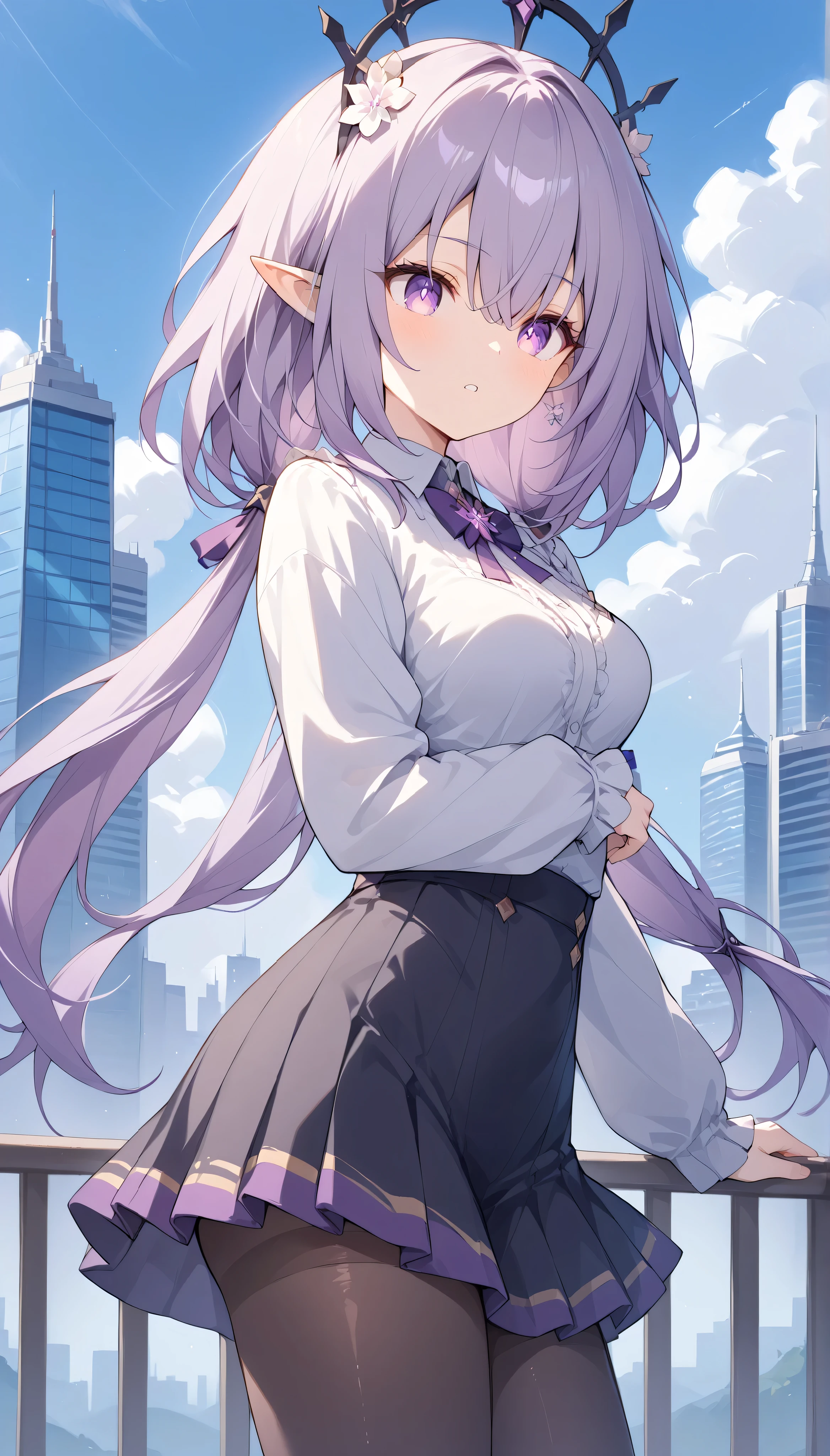 castorice, long hair, hair ornament, purple eyes, purple hair, pointy ears, elf, medium breasts, low twintails, solo, I can see my eyebrows from the inside of my hair, hair between eyes, is embarrassing, masterpiece, Best Quality, very aesthetic, thick thighs, Wide pelvis, outdoor, parted lips, suit, skirt, shirt, pantyhose, downtown area, city, (from side)