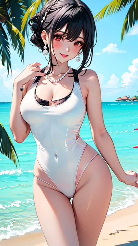 realistic, 1 women, best quality, 12k, HD, long hair, big round breasts, cleavage, ponytail, necklace, jewelry, shorts, short jacket, slim hips, hair tie, yellow eyes, black hair, super detailed, Eye details, hair details, person details, mouth details, face details, breast details, clothes details, hair details, pants details, hand details, whole body