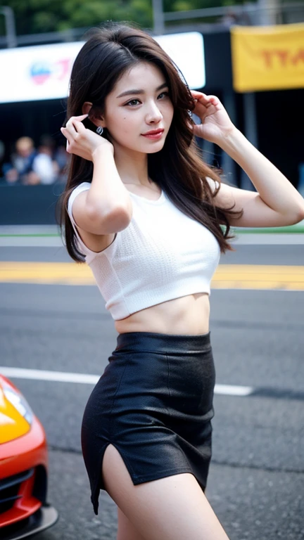 Highly detailed CG Unity 8K wallpaper, highest quality, Super detailed, masterpiece, realistic, photo realistic, Highly detailed cute girl, 25 years old, (whole bodyからつま先まで:1.4)、(whole body)、(whole body to toes)、(shot from the side)、(sitting on the hood of a car)、(lace queen)、(sexy pose),(model pose)、(big breasts)、(big ass)、(smile at the camera)、
(Sponsored and wearing grid girl costume'logo is printed.:1.3), (shorts) , (sitting in a motorsport race), (cleavage), smile ,whole bodyショット ,(Side view)、(side shot)、(smile at the camera)、