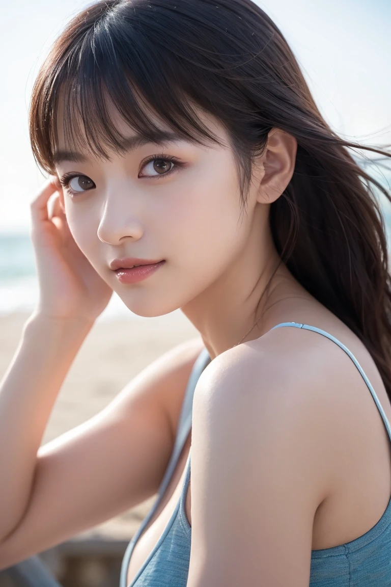 (highest quality, 32k, High resolution, masterpiece:1.5,), Haunting fantasy portrait in abstract style, ((In a swirl of fantastic pastel colors and soft light)), Evoking a sense of soothing tranquility and elusive beauty, Award-winning masterpiece with amazing details, beautiful japanese woman, perfect human anatomy, big magical eyes, fleeting smile, ((shiny black hair)), Beautifully styled long straight hair, Beautiful asymmetrical bangs, hair between eyes, bright makeup, smooth and soft skin, thin eyebrows, clear double eyelids, Attractive pink lips, ((Bikini with white floral pattern)), High resolution perfect clavicle, Beautiful chest in high resolution, Slender body with plump breasts, High resolutionの美しい太もも, ((Lying in the shallows of the beautiful cobalt blue sea:1.3)), gentle sunlight, professional lighting, professional photographer, Professional models,mysterious