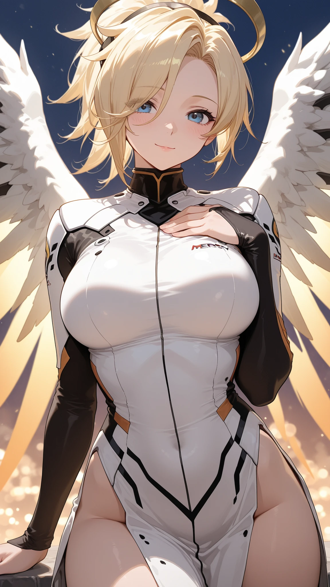 Erotic Symphogear Akatsuki Blonde White sequins rubber suit black background heart bedroom dark theme evil temptation excitement condescending smile sexy pose white angel wings angel white bird wings hands on chest
