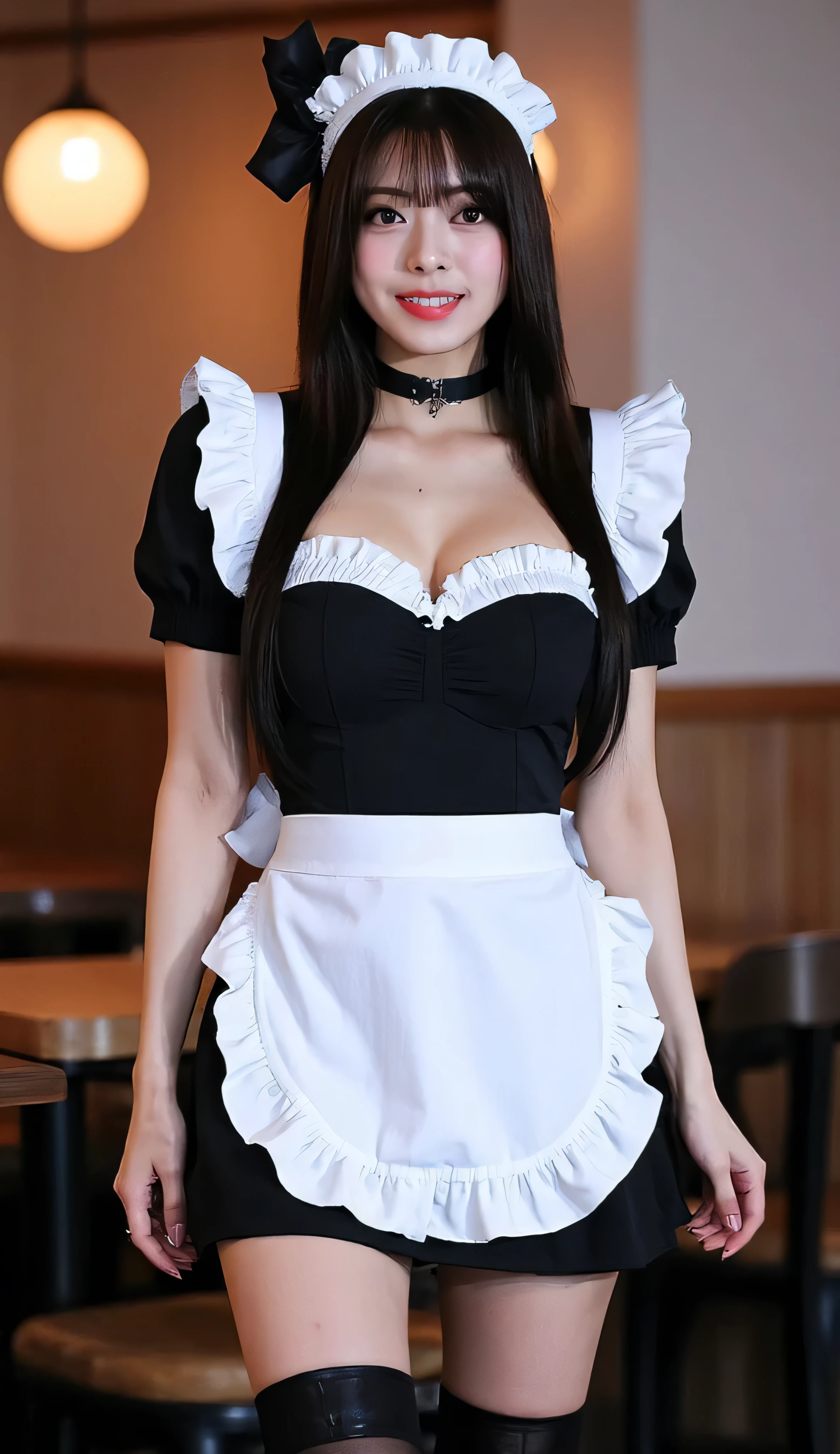 Maid wearing SexyMaidCostume, kanna,score_9,score_8_ up,score_7_ up,
ultra detail, absolute resolution, 32K, masterpiece, High Quality , High Definition, cowboy shot,
beautiful Japanese girl, Slender, Pretty face, Skinny girls, Thin Waist, Black hair, long hair, large breast, wearing a short black and white French maid dress with frilled apron and lace trim, thigh-high stockings, black heels, uniform covering the stomach, standing
perfect hands, Perfect Anatomy, Venus rift, Thin Legs, gaps between thighs, from the front, (Smiling: 1.1), Cafe Interior