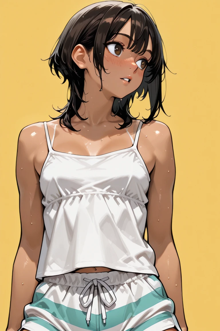 Anime style, cute, Tomboy girl, dark skinned, mid riff, strong body, strong abs, medium breasts, white shirt, jeans, smirk, sharp teeths, soaked shirt, brown nipples, (best quality,4k,highres,masterpiece), artistic style,subdued colors, vivid colors, professional lighting, detailed lips, detailed eyes.