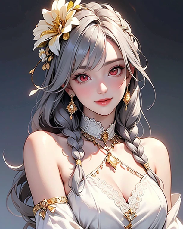 super high quality, masterpiece, Perfect illustration, Very detailed、8k wallpaper, Very detailed (Exquisite light and shadow, Very dramatic photo,Backlight) , ((Gray Hair:1.5))1 Girl, alone, (Wearing classic Hanfu, Royalty、Black and red Hanfu,Thick fabric,Long sleeve) Flower Field, Flowers, (White smoke:1.3) (Realistic:1.4), (Dynamic Angle: 1.4), Glowing Skin, (Floating colorful flashes: 1) The most beautiful chaotic shapes, elegant, Brutalist Design, Bright colors, Romantic Depth of Field Exotic_dance, half_naked、((Off the shoulder、Medium Chest、Beautiful cleavage、Touching lips))