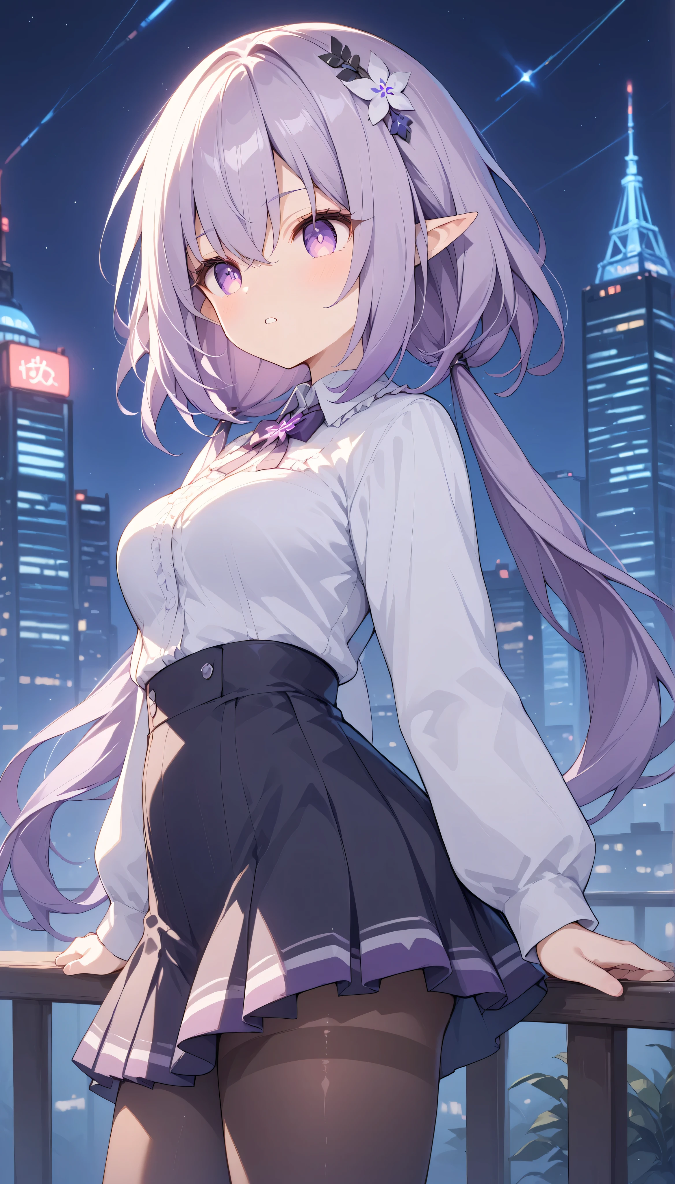 castorice, long hair, hair ornament, purple eyes, purple hair, pointy ears, elf, medium breasts, low twintails, solo, I can see my eyebrows from the inside of my hair, hair between eyes, is embarrassing, masterpiece, Best Quality, very aesthetic, thick thighs, Wide pelvis, outdoor, parted lips, suit, skirt, shirt, pantyhose, downtown area, city, (from side) in the night, neon light,