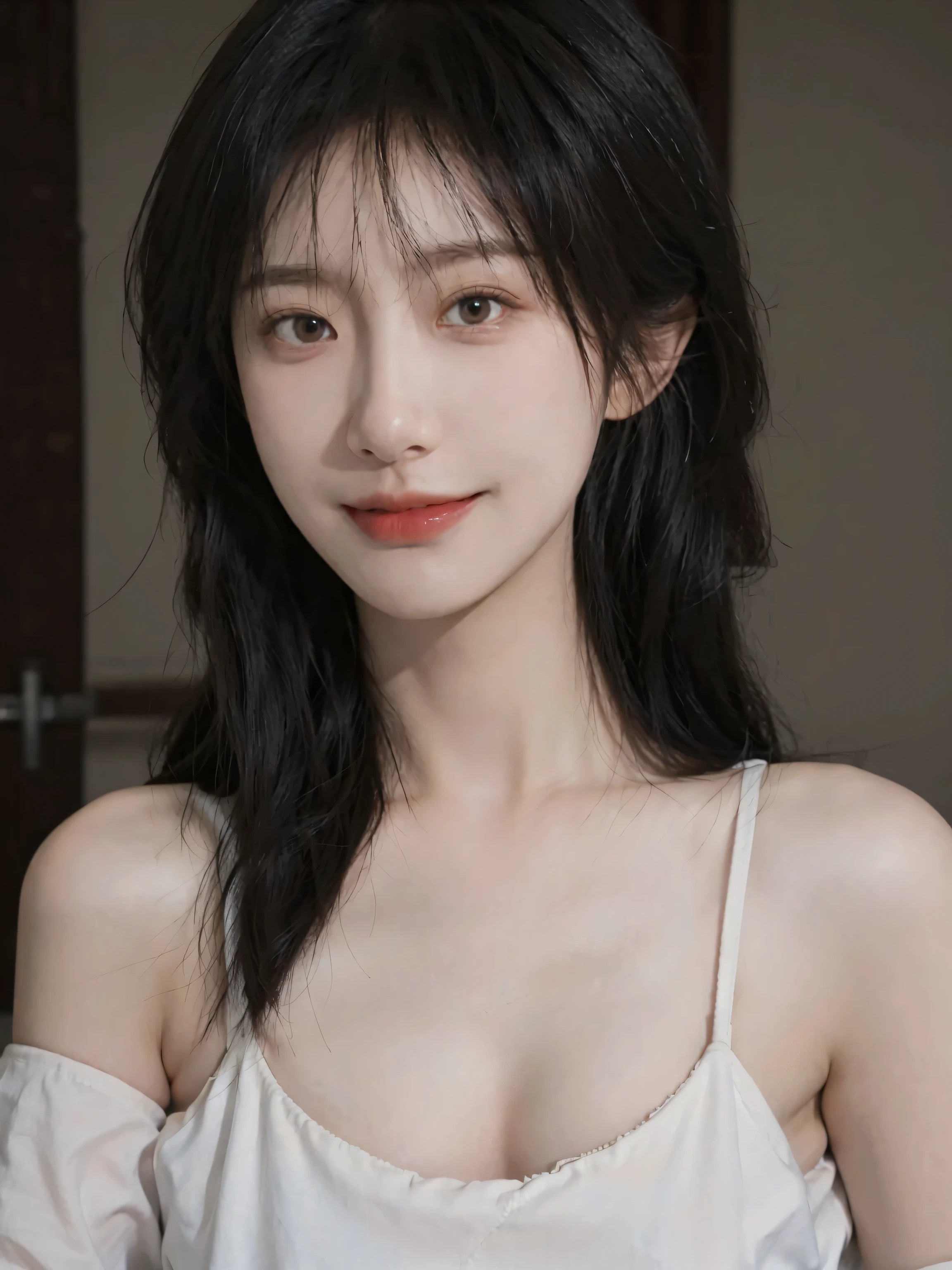 top-quality、​masterpiece、(Photorealsitic:1.8)、1girl、Smile faintly、shirt with collar、Zooming in on the face、Dramatic lighting、The center of the screen is around the cheek of the left eye、Slight visible irregularities in the pores、
