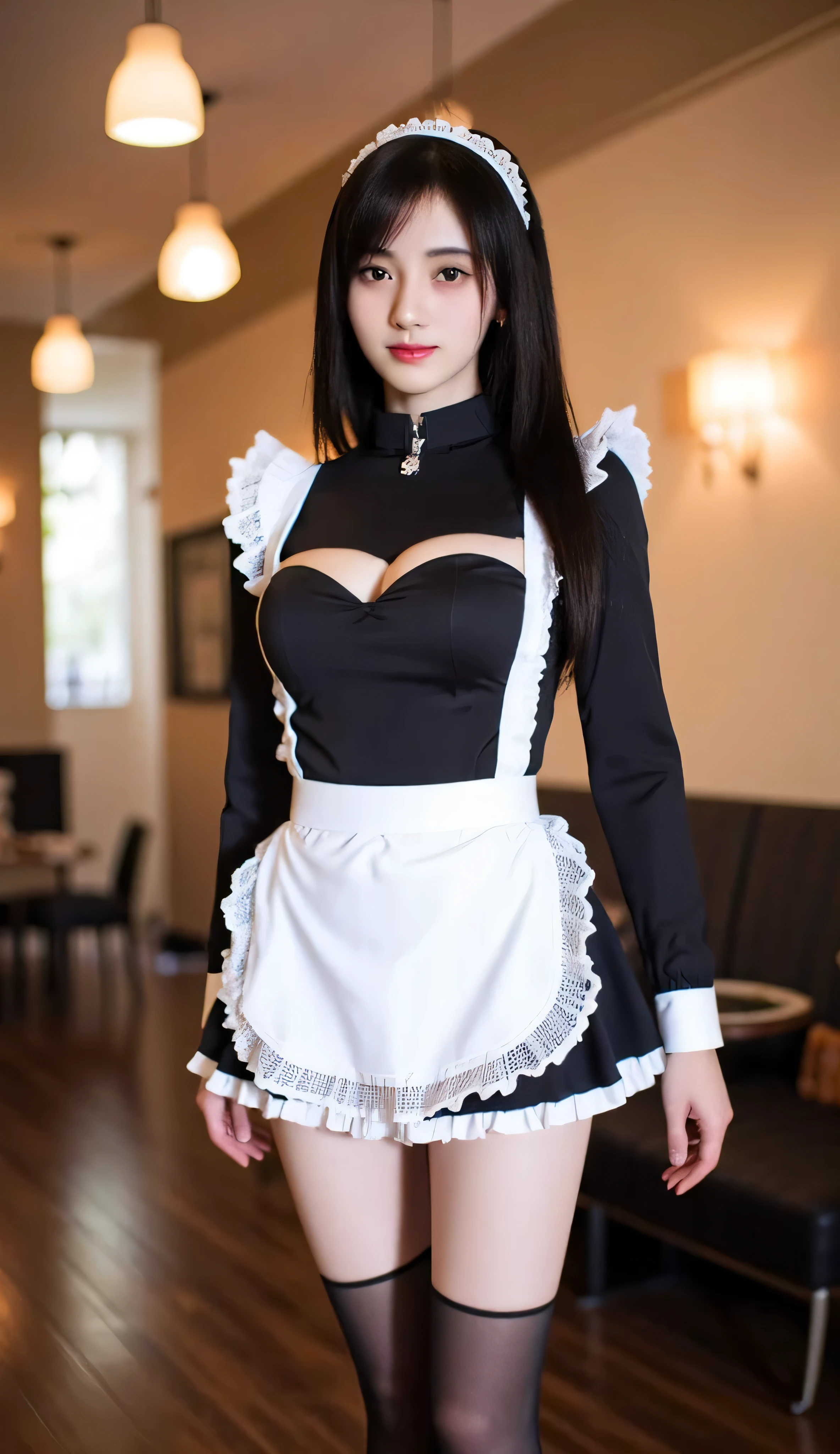 Hourglass body shape , Maid wearing SexyMaidCostume, kanna,score_9,score_8_ up,score_7_ up,
ultra detail, absolute resolution, 32K, masterpiece, High Quality , High Definition, cowboy shot,

beautiful Japanese girl, Slender, Pretty face, Skinny girls, Thin Waist, Black hair,  long hair, large breast, wearing a short black and white French maid dress with frilled apron and lace trim, thigh-high stockings, black heels, uniform covering the stomach, standing, hand down, facing forward

perfect hands, Perfect Anatomy, Venus rift, Thin Legs, gaps between thighs, from the front, (Smiling: 1.1), Cafe Interior