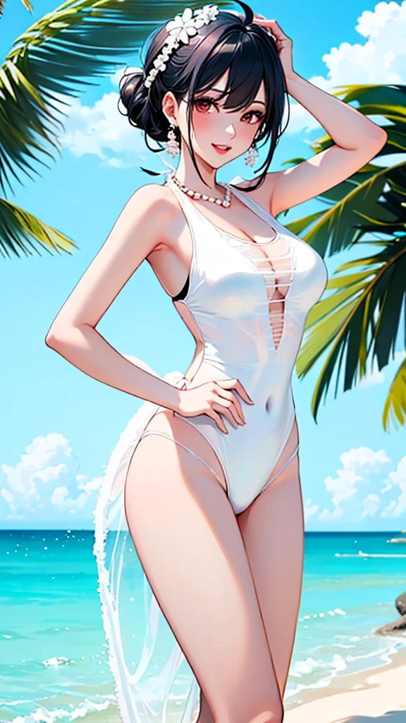 Komi Shuuko,Slim,Fleshy thighs,Patreon's award-winning work,White girly dress,Masterpiece,Brilliant sunshine,Ocean park,Comic cover style,Comic title,tmasterpiece, High- sharpness, high high quality, 详细的脸, detailed body render, Dark lips,White floral dress