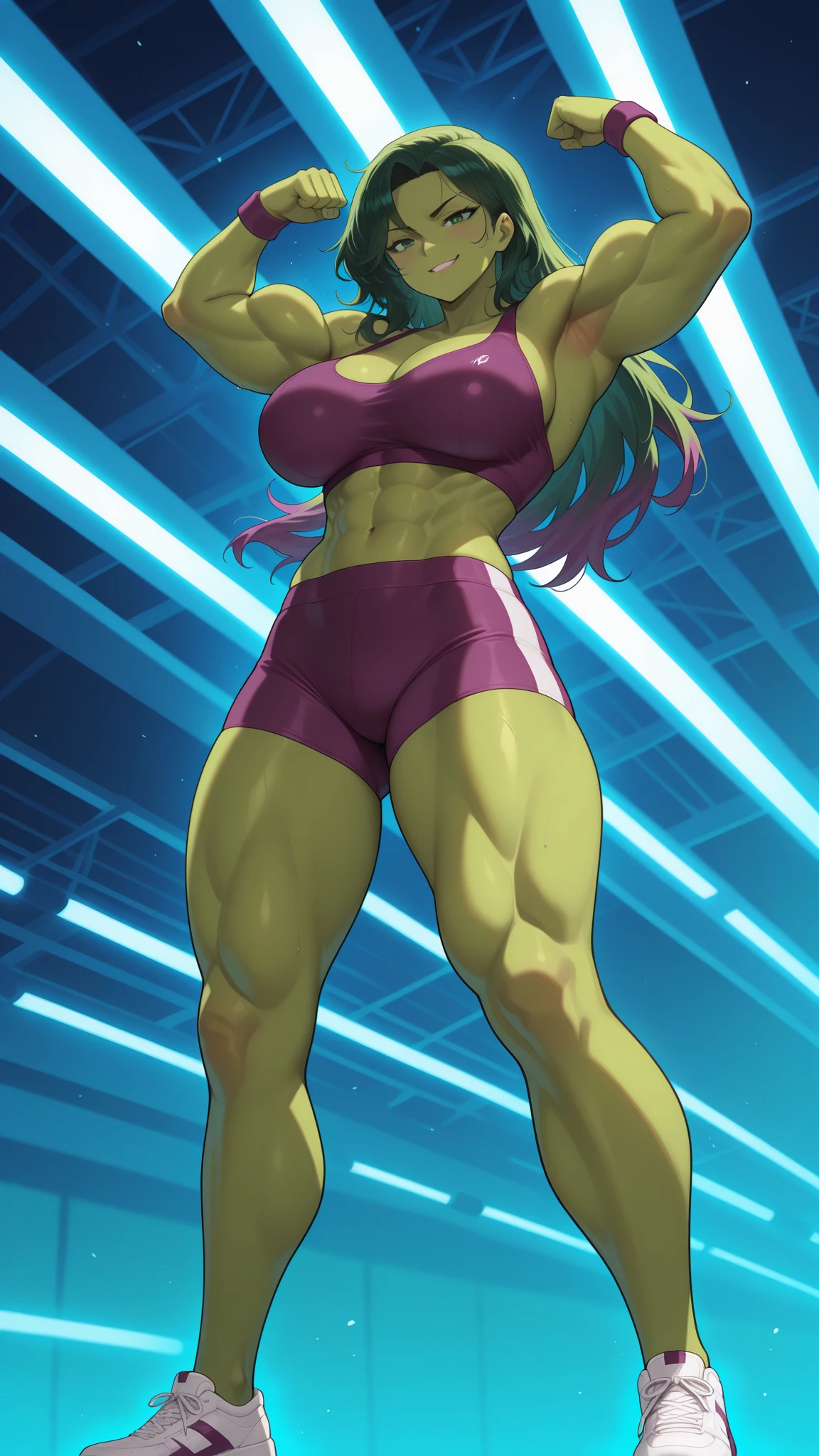  ,(girl),green skin,she-hulk,muscular female, biceps,abdominal muscles,Alternative muscle size,green skin, blonde hair,prison uniform,muscular ,illustration,best quality,abdominal muscles,muscular thighs