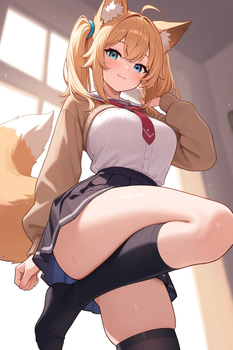 masterpiece, best quality, high quality, beautiful anime character, solo, anime girl with brown hair, soft hair, long hair, blue eyes, cat ears, big breasts, mature female, tall female, big girl, thick, (calming face, light smile, loving eyes), indoors, (white shirts, white panties, dark blue pleated skirt), cat tail, legs, panties peek, from below view, squatting, school girl, white socks,