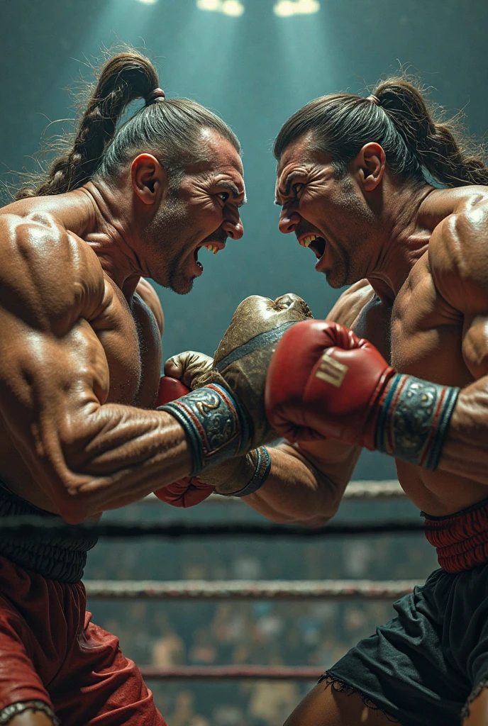 Cinematic Snapshot, (Two shirtless men in the ring, Fights without rules, A tense moment, fight for the mankind moment, active action, 2 senior muscle beard men are beating each other abs brutally (black hair and brown hair), bloody fight scene, bruised on their muscles, manliness fight, cinematic quality, movie lighting, high resolution, Maximum photorealism, maximum definition, extremely manly fight atmosphere, perfect muscle anatomy, perfect boxing choreograph.