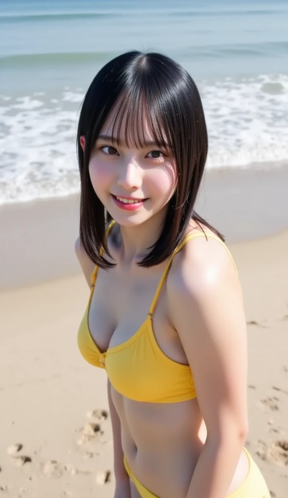 highest quality, masterpiece, Ultra-high resolution, realistic:1.3, solo:1.3, ((Clear Face)), cowboy shot, from front, (glowing skin), (looking at camera:1.3), (orange bikini), standing at beach, (big busts:1.3), long hair, soft brightness, smile
